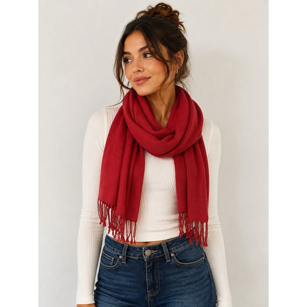 Bloomingdales Red Silk Cashmere Blend Fringe Scarf Wrap Shawl